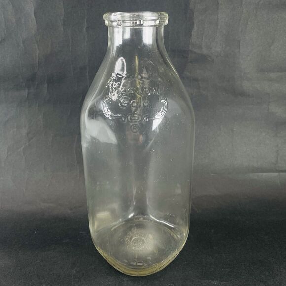 MEADOW GOLD 8.75" 1 Quart Liquid Clear Glass Milk Jug Orange Juice Bottle Jar - Picture 1 of 9